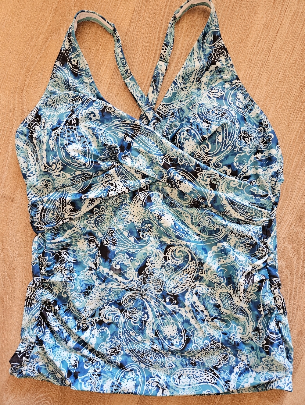 Tempt Me Tankini TOP Blue & White Paisley Print Built-In Shelf Bra Sz XL - NWOT